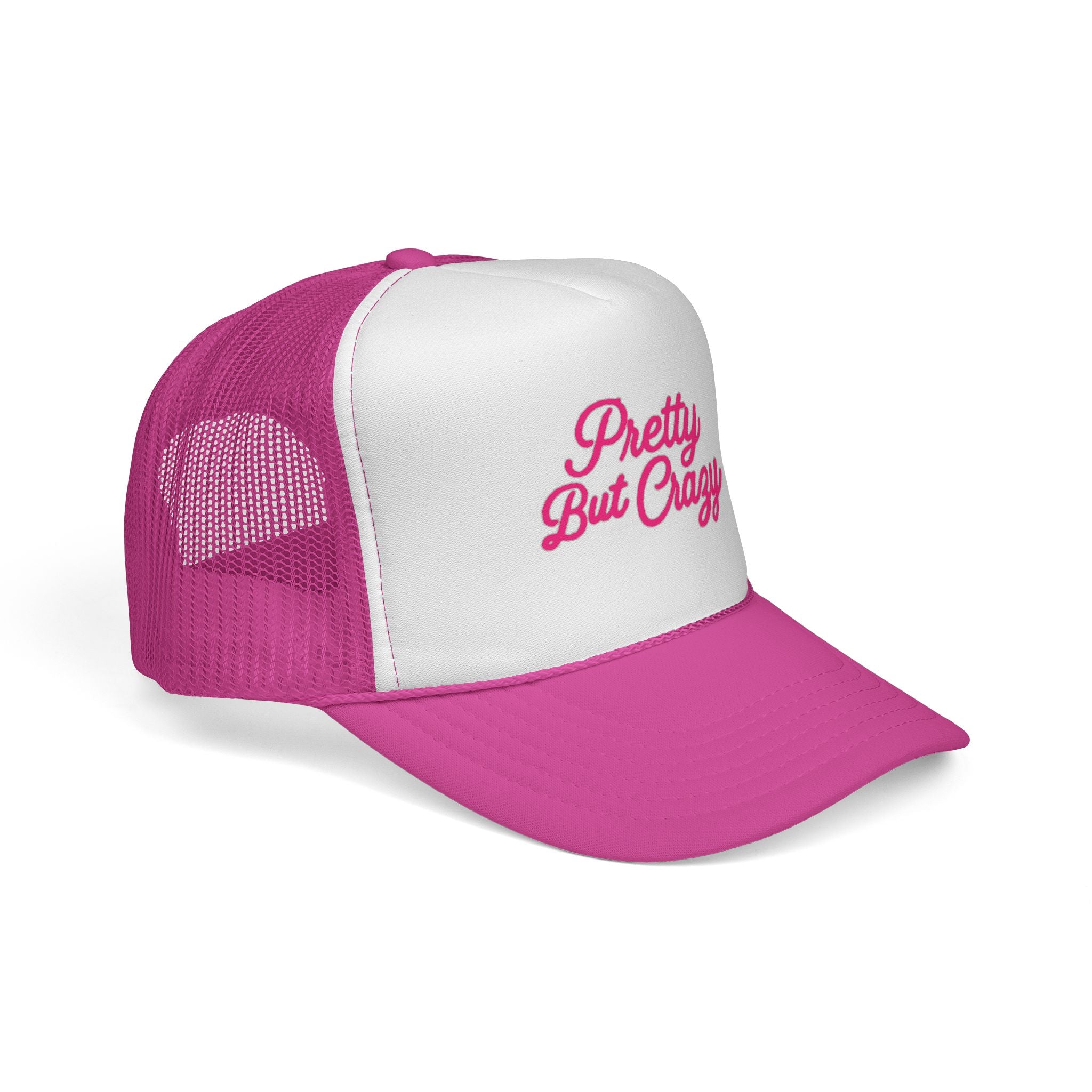 Pretty But Crazy Trucker Cap — Pink Embroidered Women's Mesh Hat
