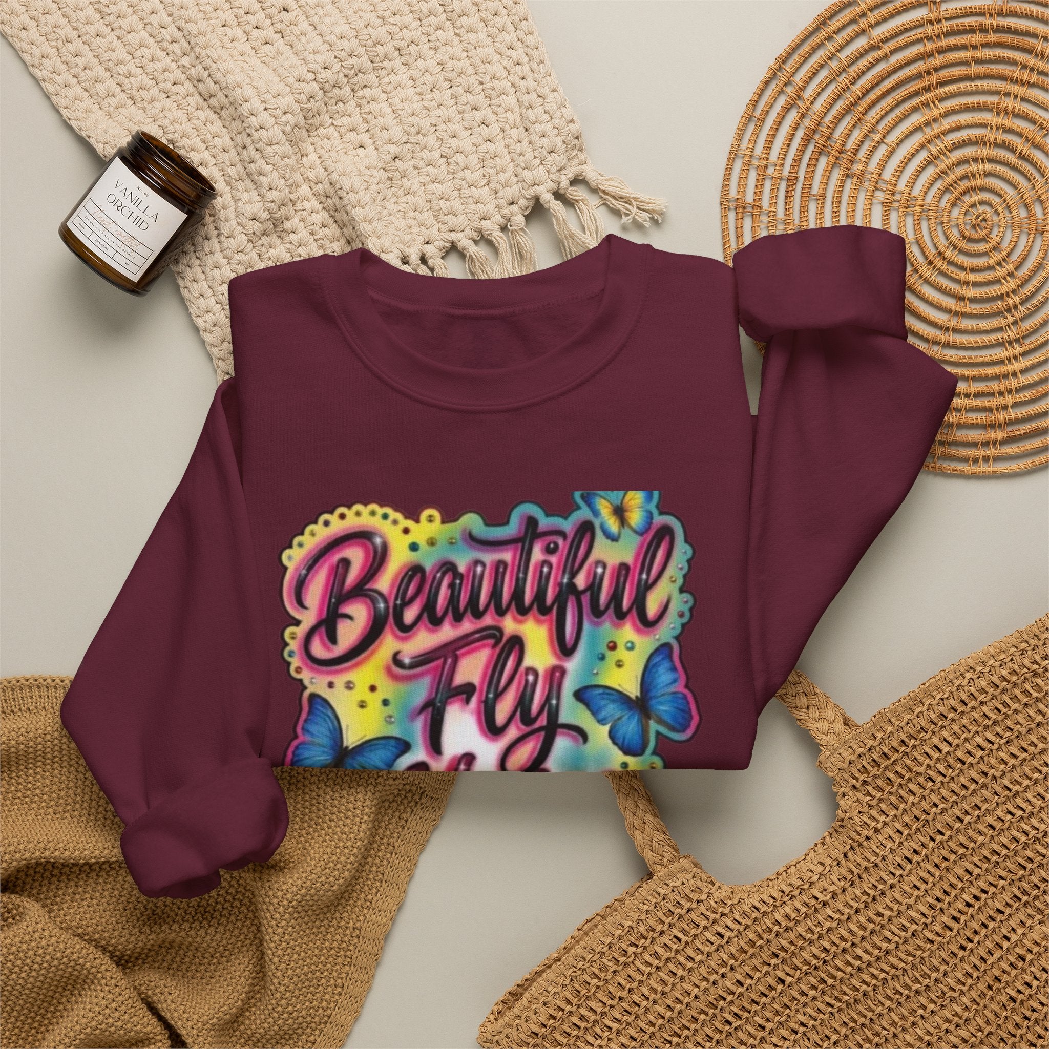 Crewneck Sweatshirt — "Beautiful Fly Hot & Sexy" Colorful Butterfly Graphic