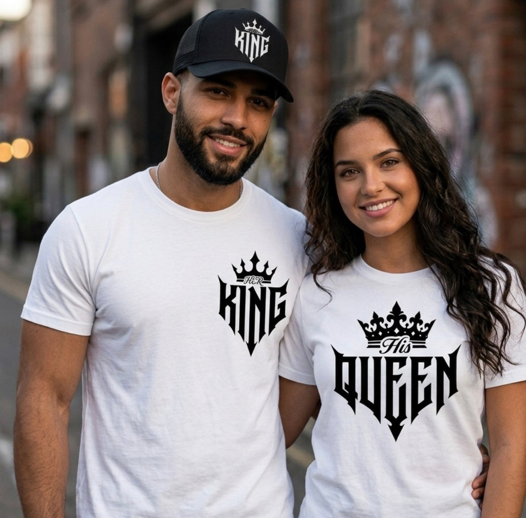 His & Her King and Queen Matching Couple Set | Graphic Tee & Hat