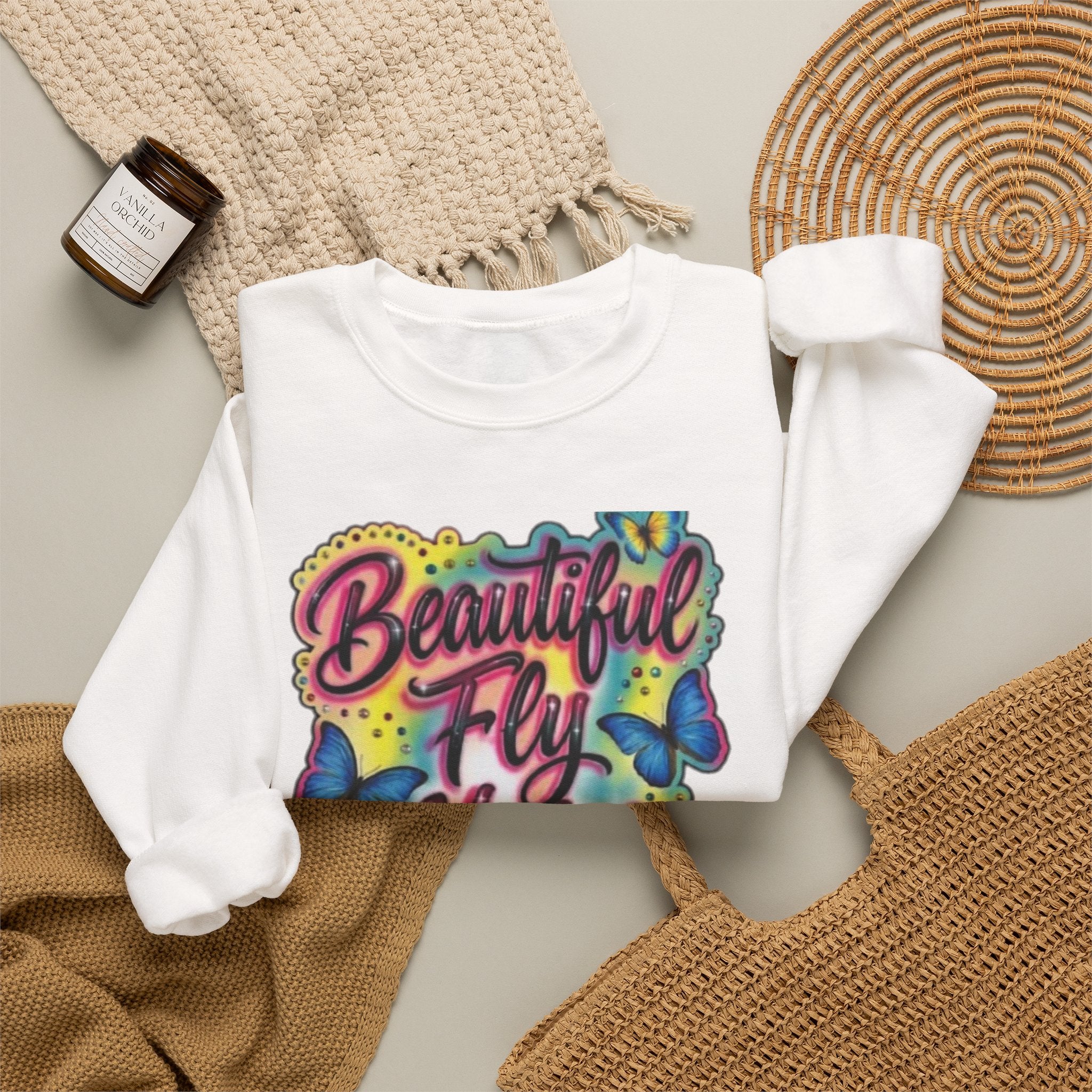 Crewneck Sweatshirt — "Beautiful Fly Hot & Sexy" Colorful Butterfly Graphic