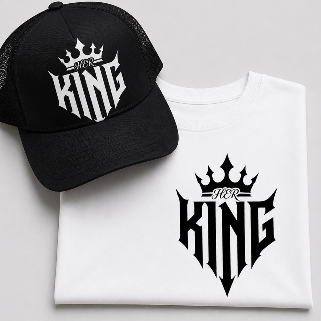 His & Her King and Queen Matching Couple Set | Graphic Tee & Hat