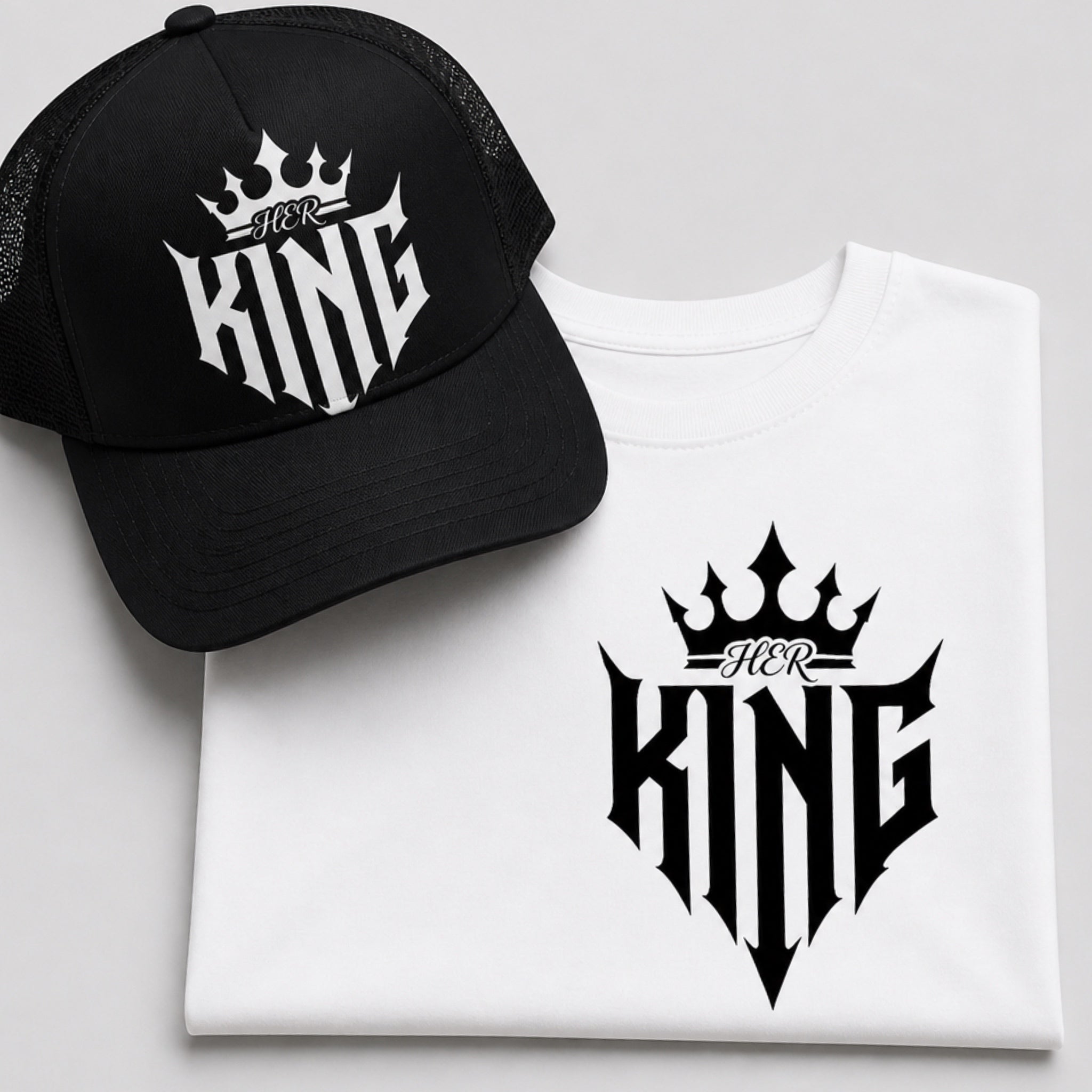 His & Her King and Queen Matching Couple Set | Graphic Tee & Hat