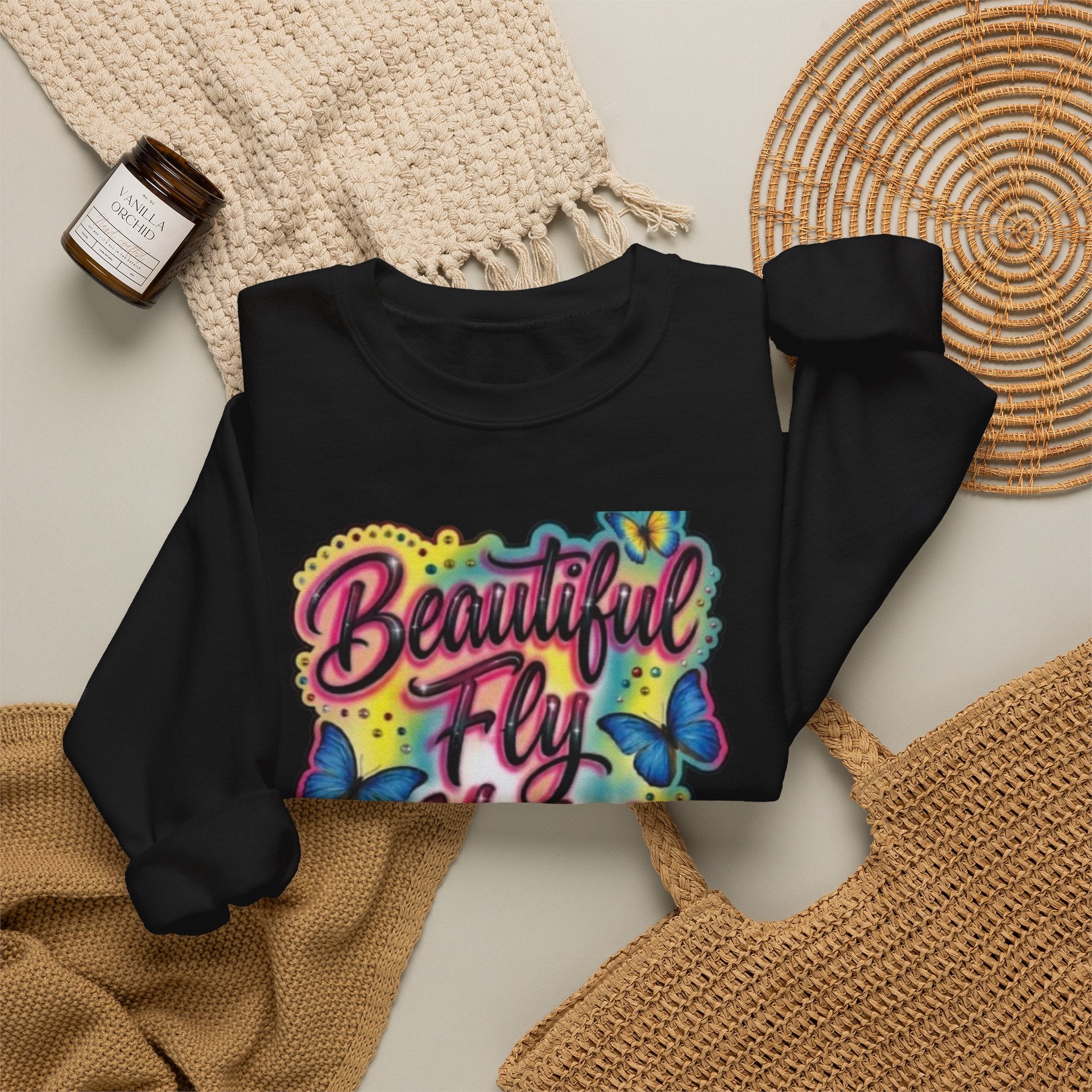Crewneck Sweatshirt — "Beautiful Fly Hot & Sexy" Colorful Butterfly Graphic