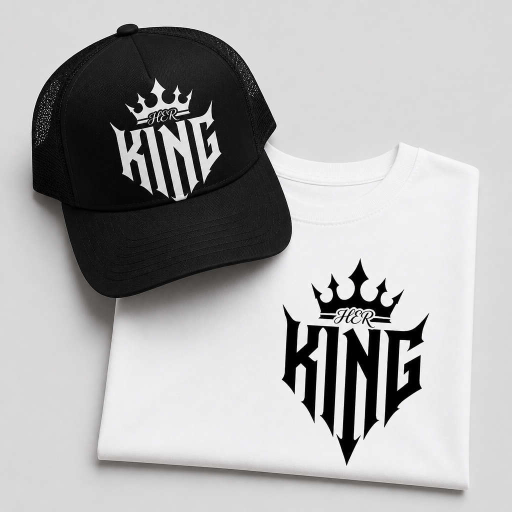 His & Her King and Queen Matching Couple Set | Graphic Tee & Hat