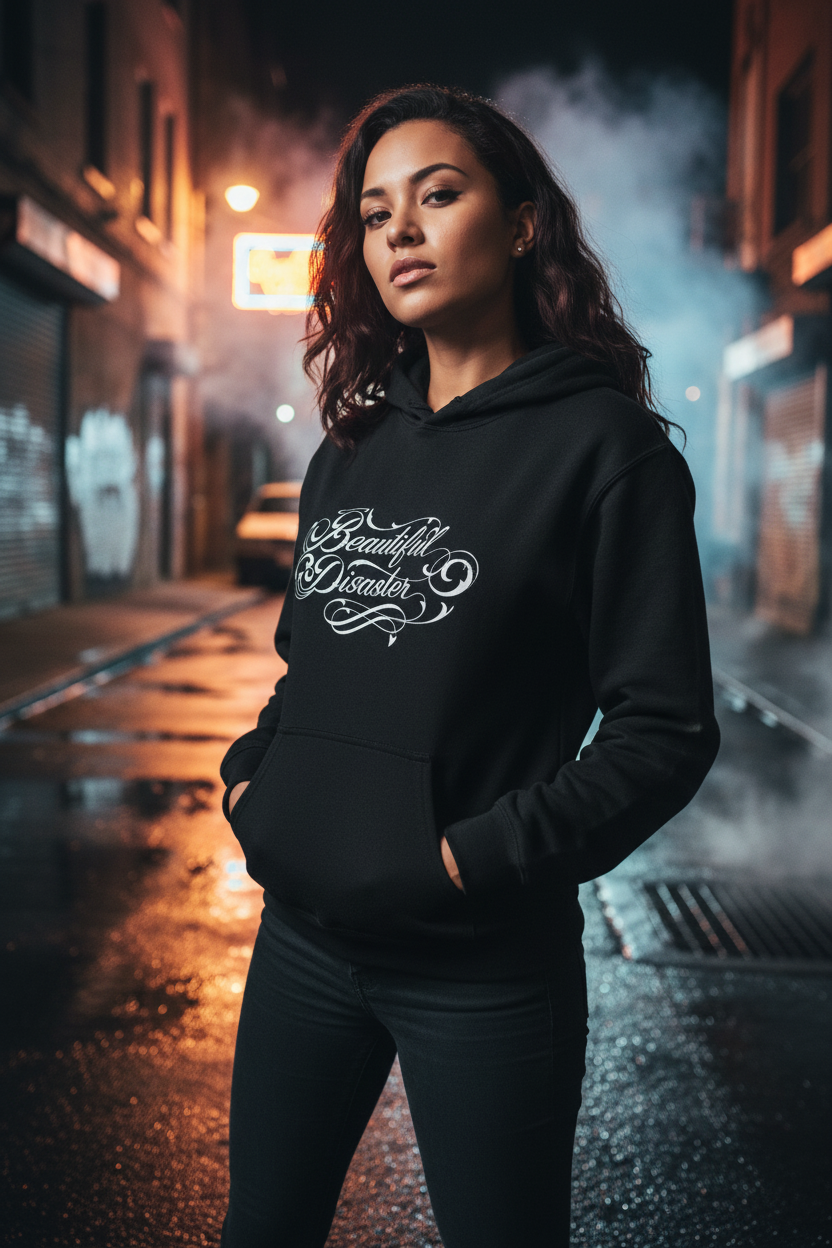 Beautiful Disaster hoodie lifestyle shot - front design on model